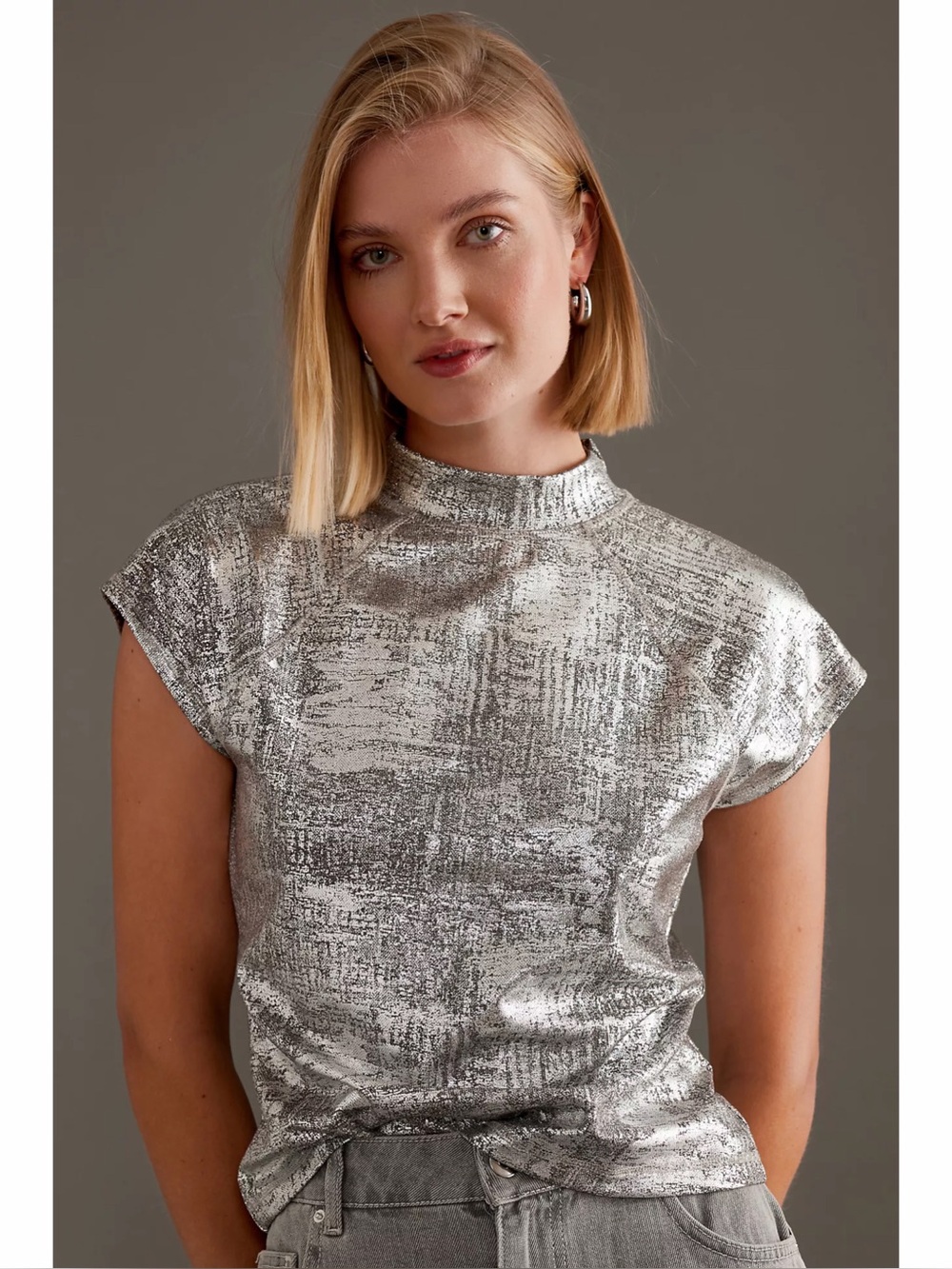 Pilcro Anthropologie Silver Metallic Mock Neck Cap Sleeve Top Size S